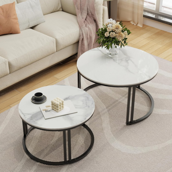 Marble Top Tables Round Coffee Table - Nesting Coffee Tables Set of 2 White Marble Sintered Stone Table with Black Metal Frame Nest of Tables,Living Room Apartment Hotel Office