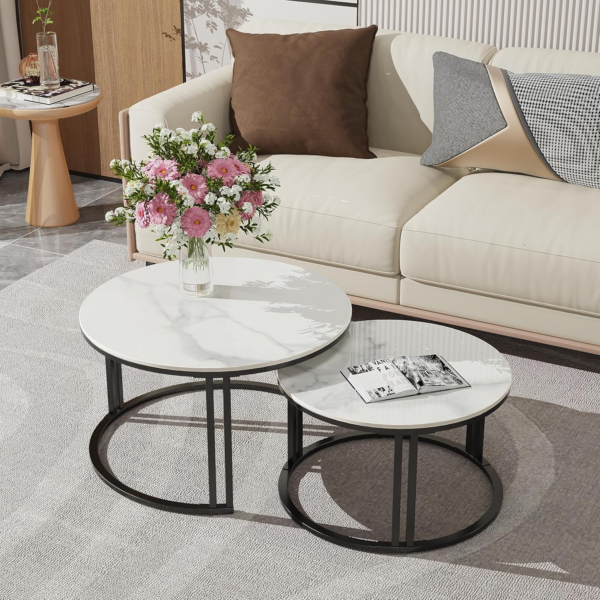 Marble Top Tables Round Coffee Table - Nesting Coffee Tables Set of 2 White Marble Sintered Stone Table with Black Metal Frame Nest of Tables,Living Room Apartment Hotel Office - Image 3