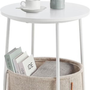 Side Table, Round End Table with Fabric Basket, Spacious, for Living Room Bedroom, Bedside Table, Modern Style, White and Beige