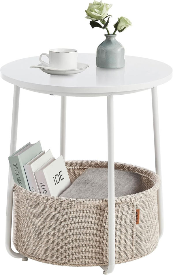 Side Table, Round End Table with Fabric Basket, Spacious, for Living Room Bedroom, Bedside Table, Modern Style, White and Beige