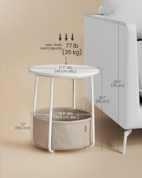 Side Table, Round End Table with Fabric Basket, Spacious, for Living Room Bedroom, Bedside Table, Modern Style, White and Beige - Image 6