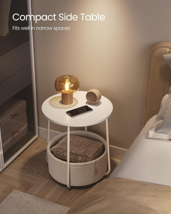 Side Table, Round End Table with Fabric Basket, Spacious, for Living Room Bedroom, Bedside Table, Modern Style, White and Beige - Image 5