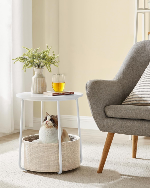 Side Table, Round End Table with Fabric Basket, Spacious, for Living Room Bedroom, Bedside Table, Modern Style, White and Beige - Image 2