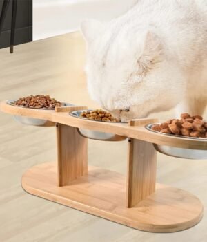 Raised Cat Feeder – 3 Stainless Steel Bowls, 15° Tilt