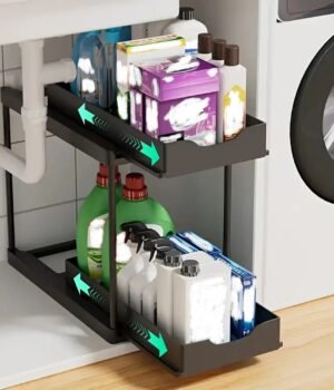 Double-Layer Pull-Out Kitchen Storage Rack with 5 Hooks