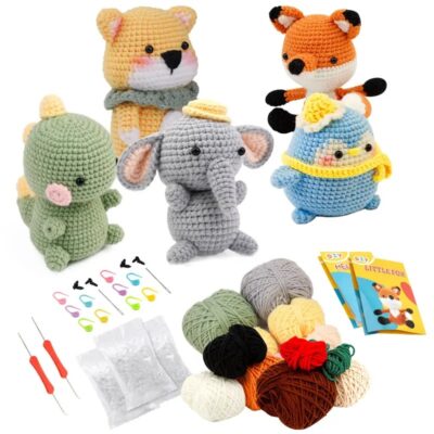 KRABALL DIY Crochet Animal Kit – Easy Starter Plush Doll Set with Yarn, Hook, Needles & Accessories